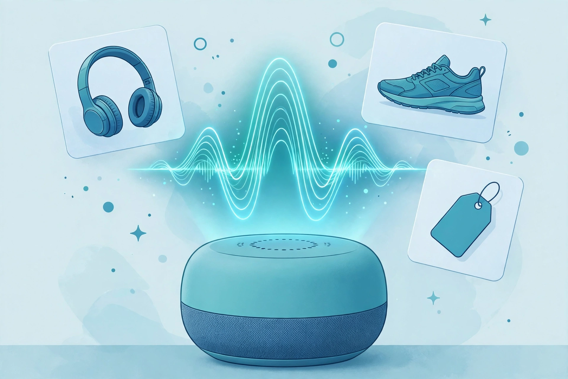 Smart speaker with glowing voice waveform and floating product cards, representing PIM voice AI shopping