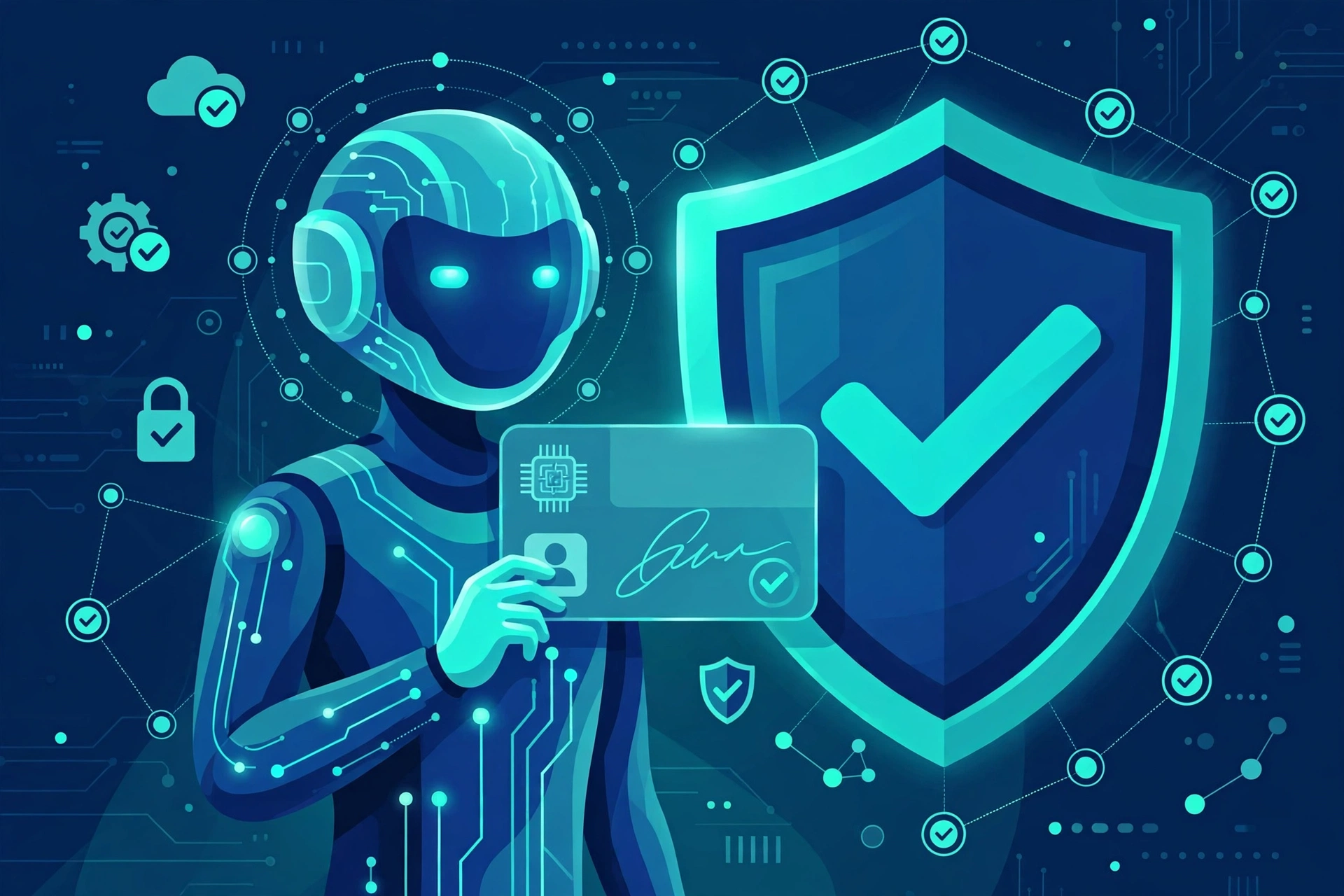 Illustration of an AI agent holding a signed digital identity card with verification checkmarks