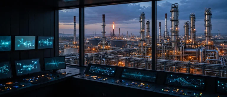 Modern oil refinery at dusk with control room monitors, representing refining industry automation software