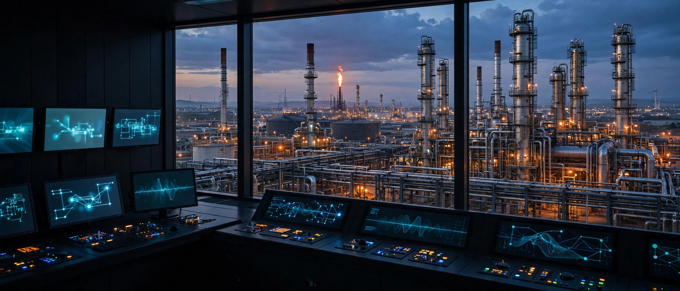 Modern oil refinery at dusk with control room monitors, representing refining industry automation software