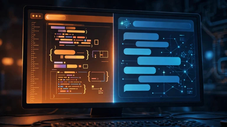 Split-screen illustration of an AI coding platform: code editor on one side, AI assistant chat on the other