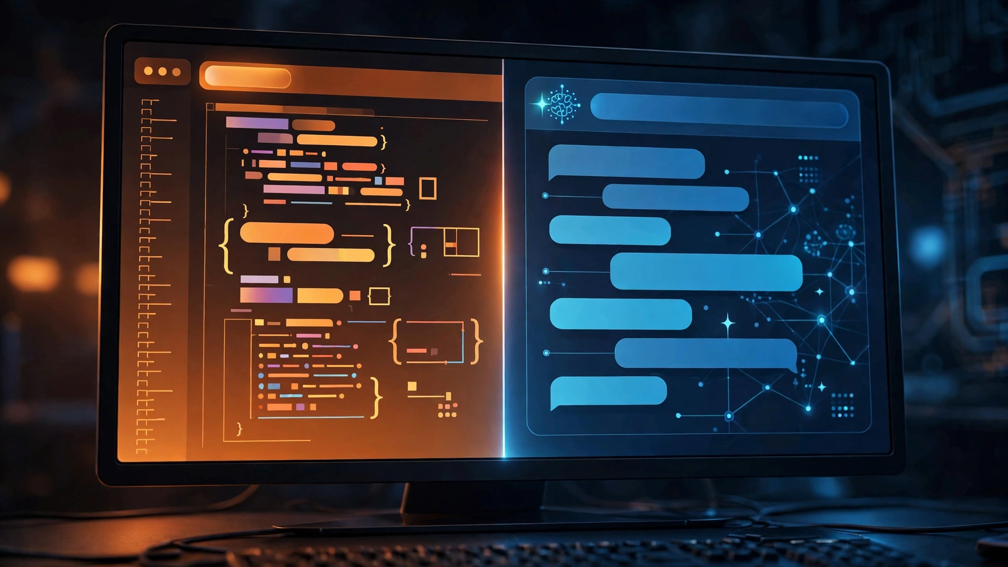 Split-screen illustration of an AI coding platform: code editor on one side, AI assistant chat on the other