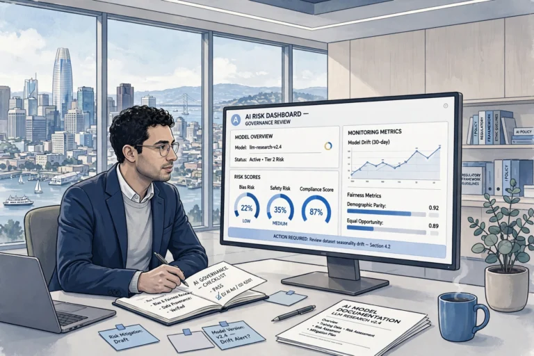AI governance consultant reviewing a model risk dashboard in a San Francisco Bay Area office
