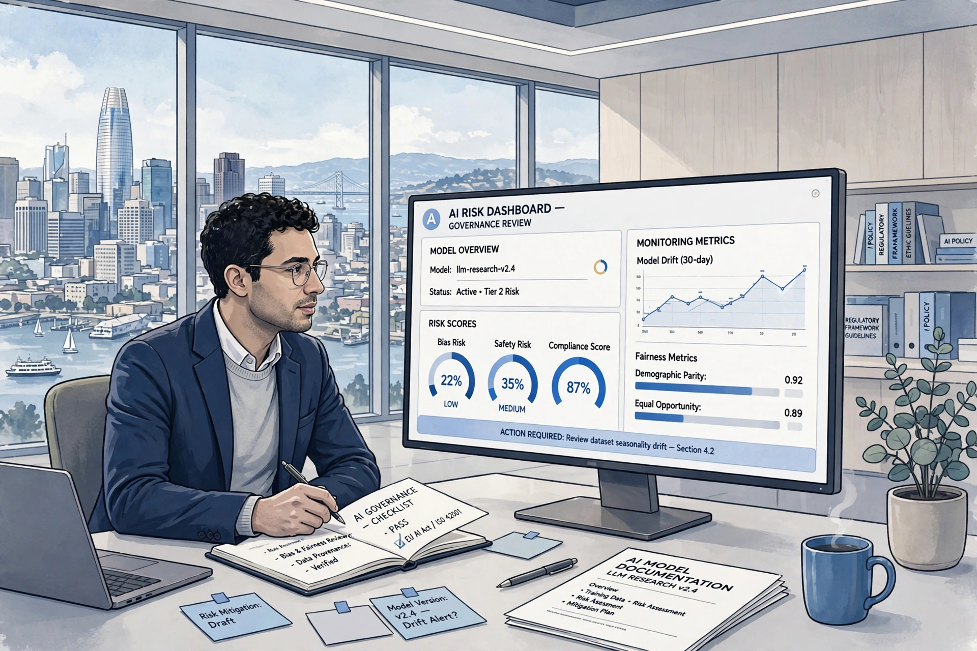 AI governance consultant reviewing a model risk dashboard in a San Francisco Bay Area office