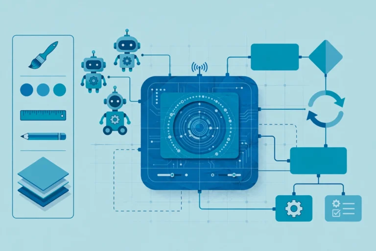 Diagram-style illustration of robotic process automation architecture with a central control hub connected to software robots and workflow blocks