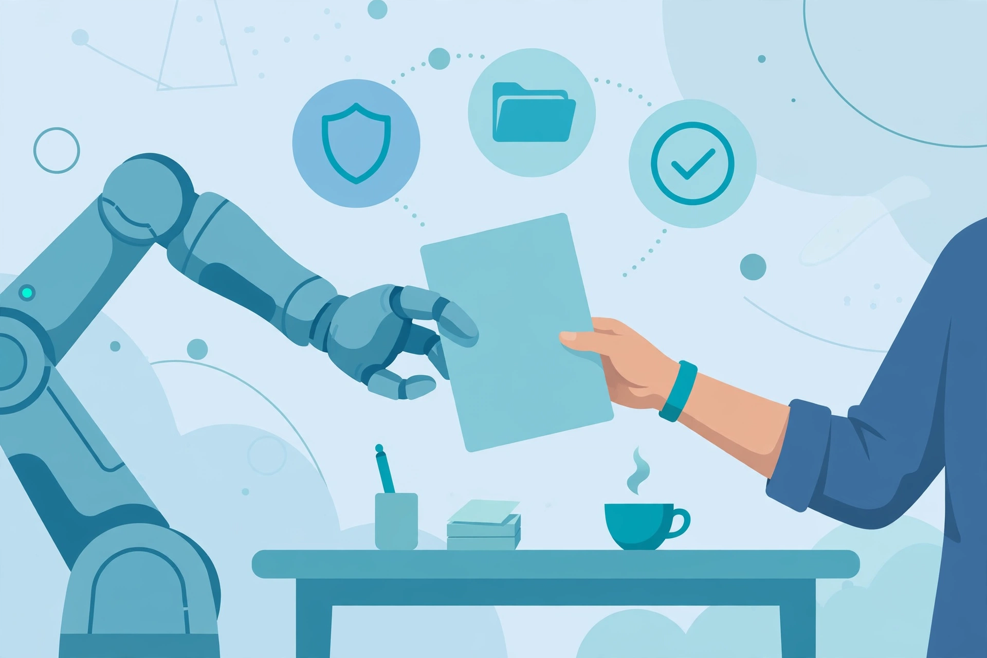 Software robot handing a digital insurance claim document to a claims handler