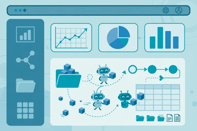 Software robots automating office workflows on a digital dashboard