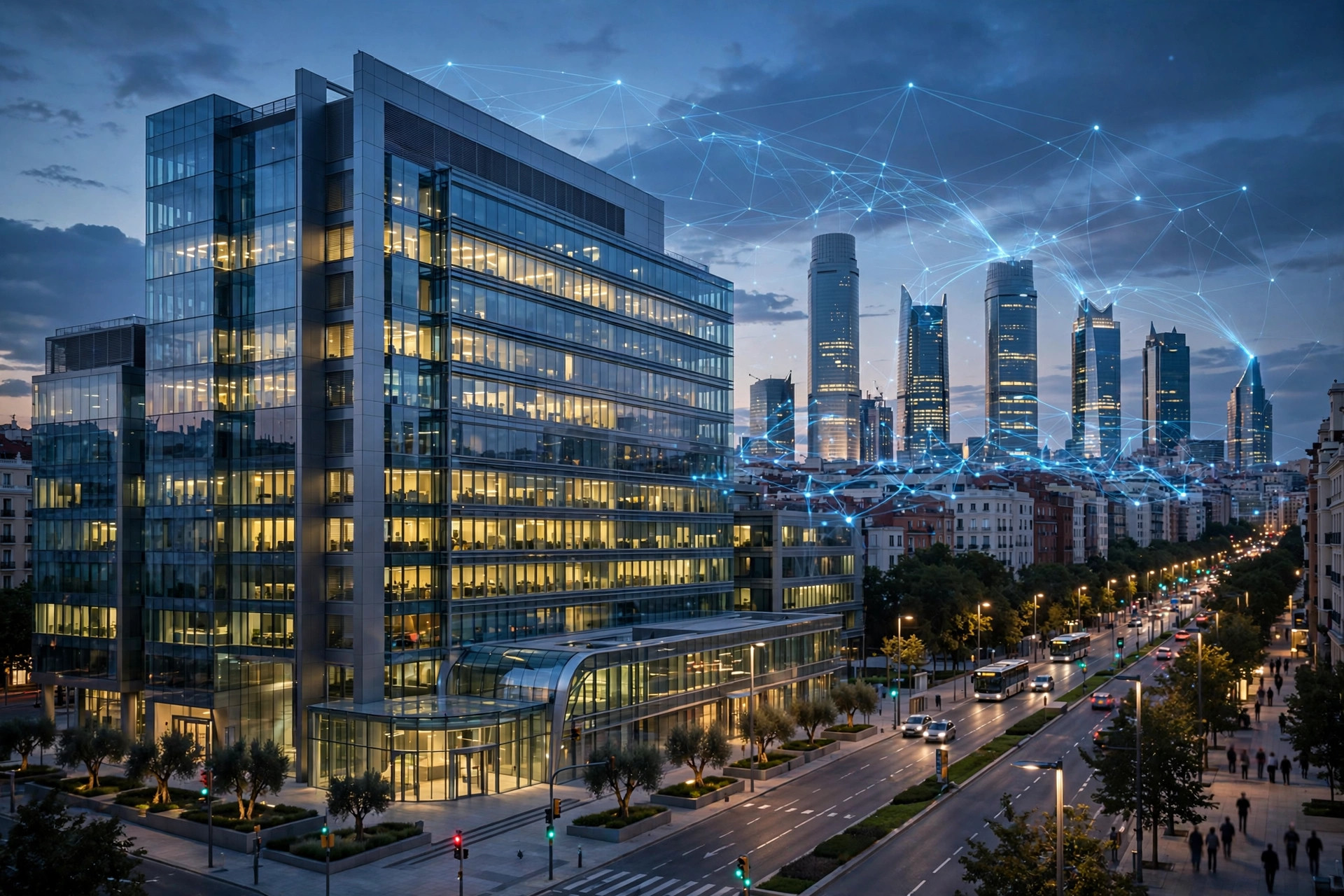 Modern Madrid headquarters skyline with AI network overlay — Salesforce billion Spain AI investment