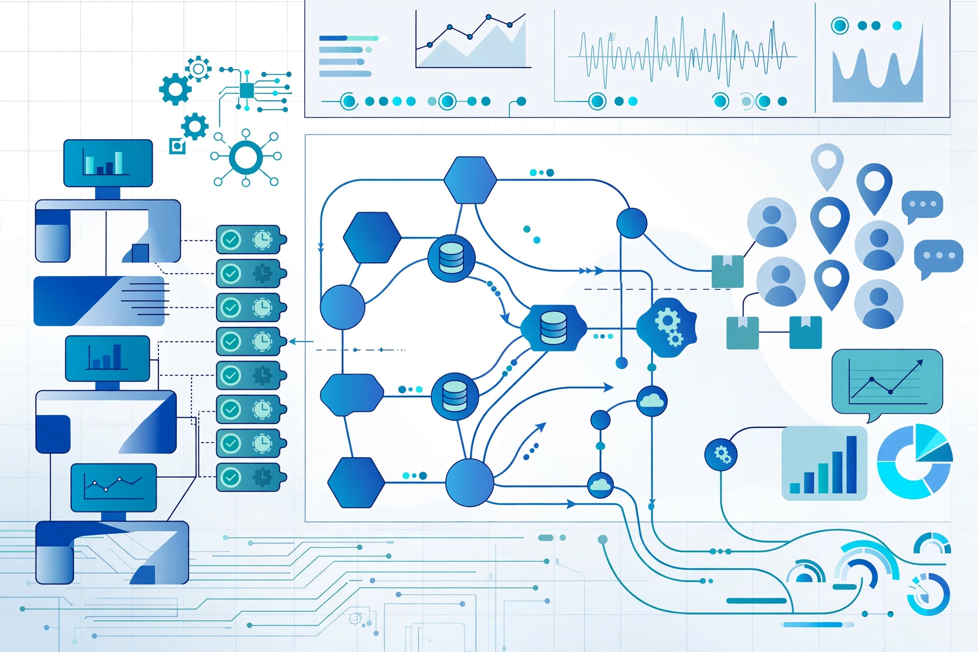Abstract dashboard showing automated service workflows connecting support teams and customers