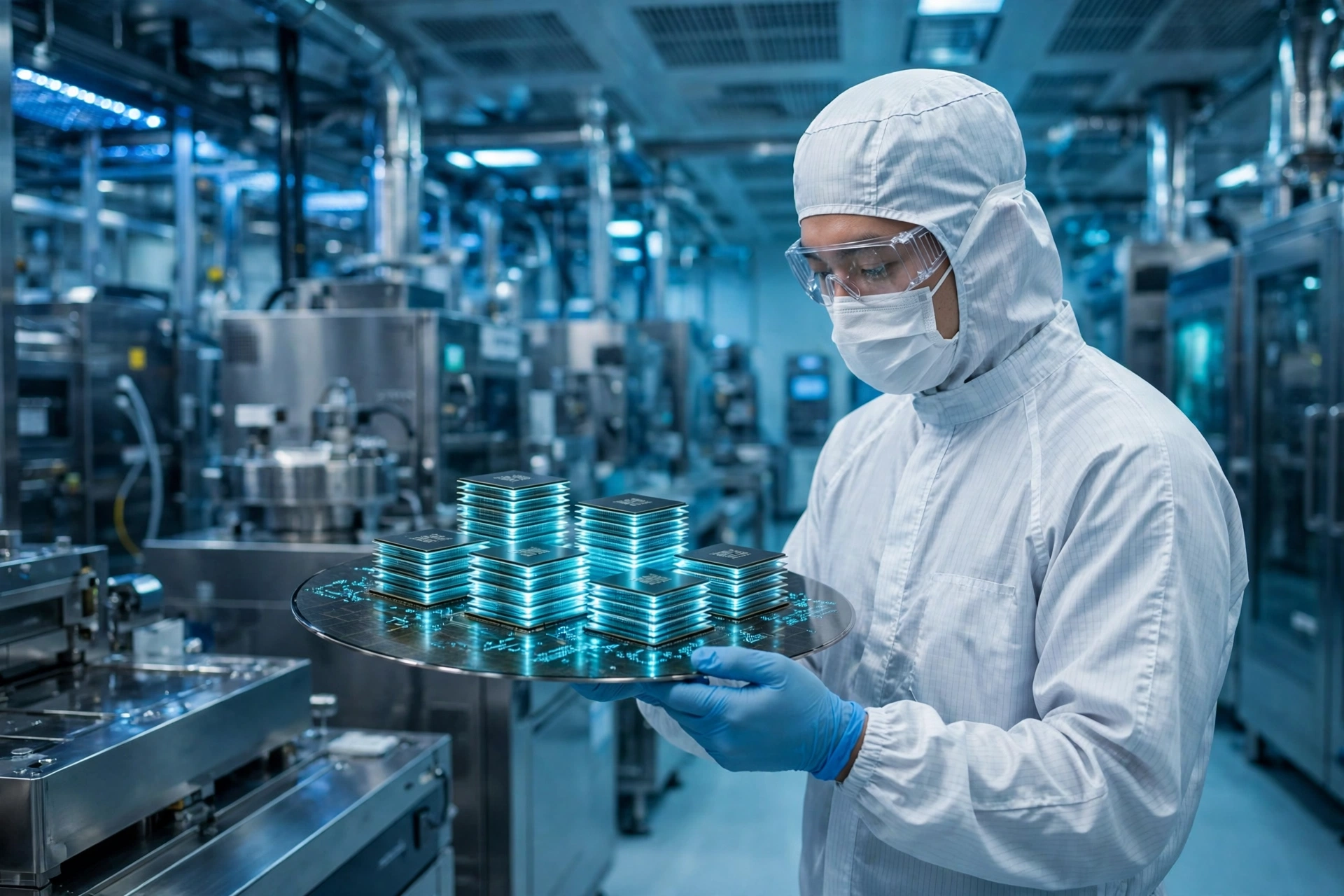 Technician in a semiconductor cleanroom holding a silicon wafer with memory chips