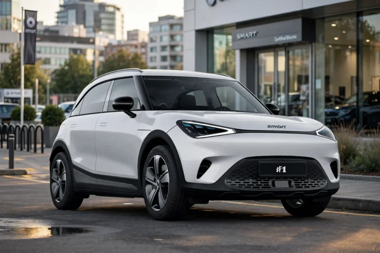 A modern electric Smart #1-style crossover SUV on a dealership forecourt