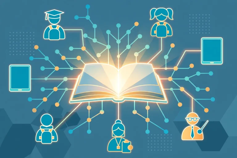 Illustration of a smart curriculum: an open book with adaptive learning pathways connecting students, teachers, and devices