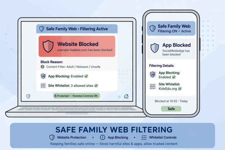 Smart MB internet filter blocking websites and apps on a laptop and phone