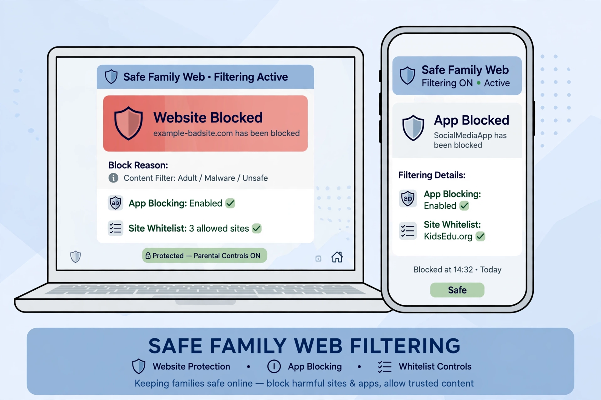 Smart MB internet filter blocking websites and apps on a laptop and phone
