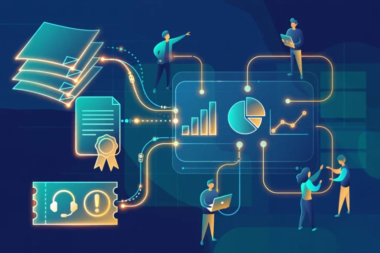 Illustration of smart process applications: documents, contracts and support tickets flowing into an analytics dashboard with a collaborating team