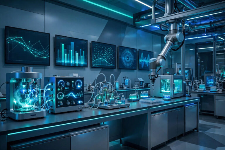 Robotic arm working over lab instruments in a smart science lab with digital dashboards