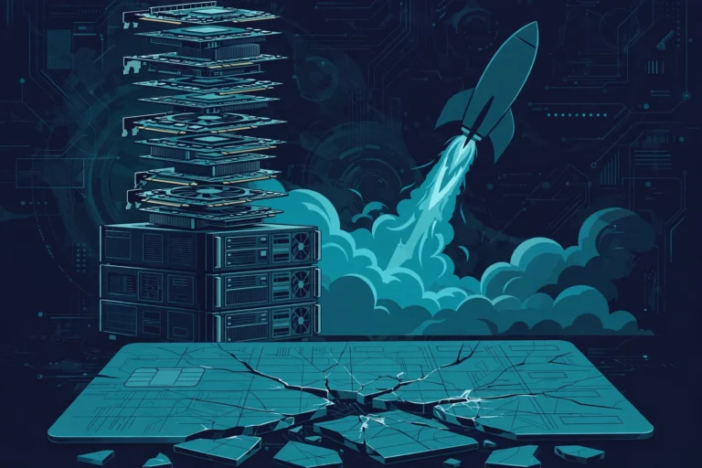 Illustration of GPU server racks and a rocket silhouette beside a debt ledger