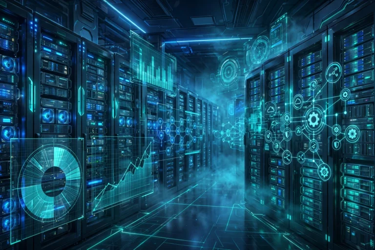 Server racks in a data center with holographic automation dashboards showing storage capacity and workflow analytics