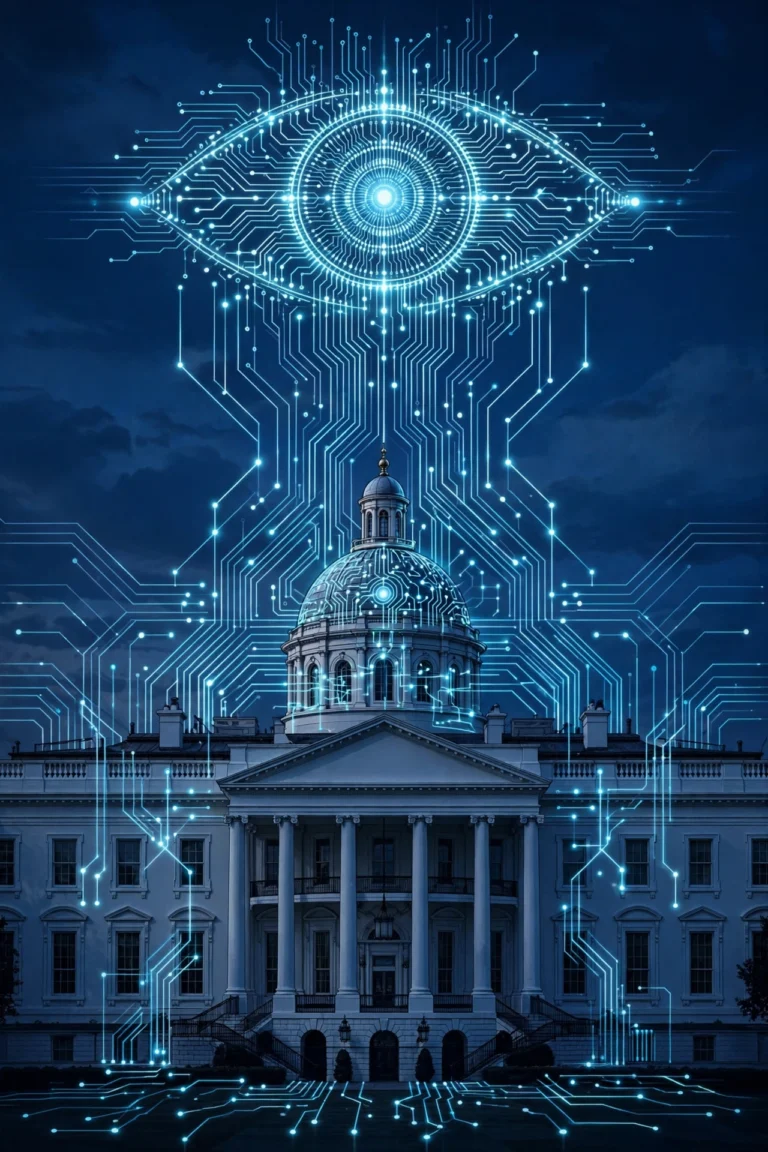 Illustration of the White House with digital circuit patterns and a watchful AI eye, representing US government oversight of AI