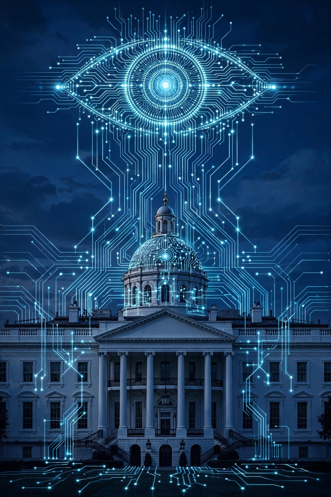 Illustration of the White House with digital circuit patterns and a watchful AI eye, representing US government oversight of AI