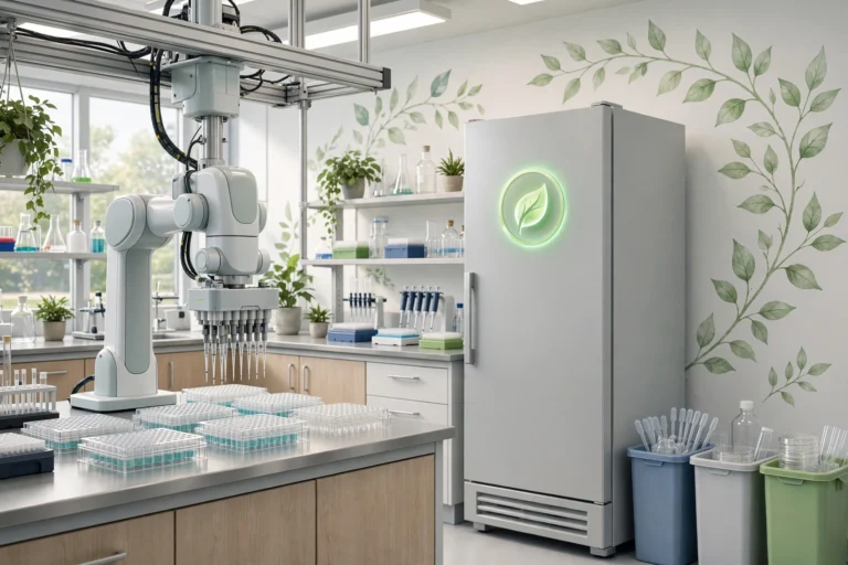 Automated sustainable life sciences lab with robotic liquid handler, energy-efficient freezer, and recycling bins