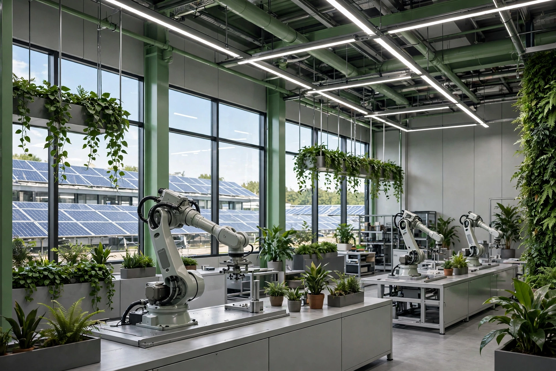 Green automated factory with robotic arms, solar panels, and plants
