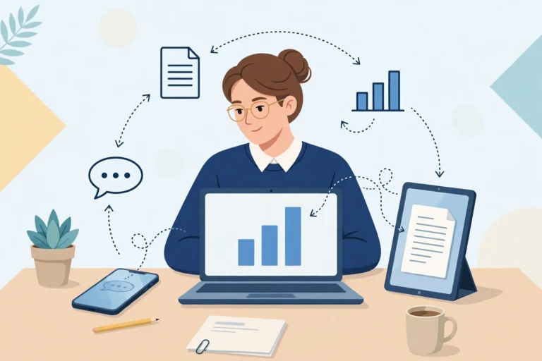 Illustration of a person confidently working across a laptop, tablet and smartphone