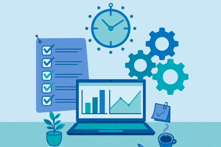 Flat illustration of productivity technology: laptop with charts, checklist, clock and gears in blue and teal