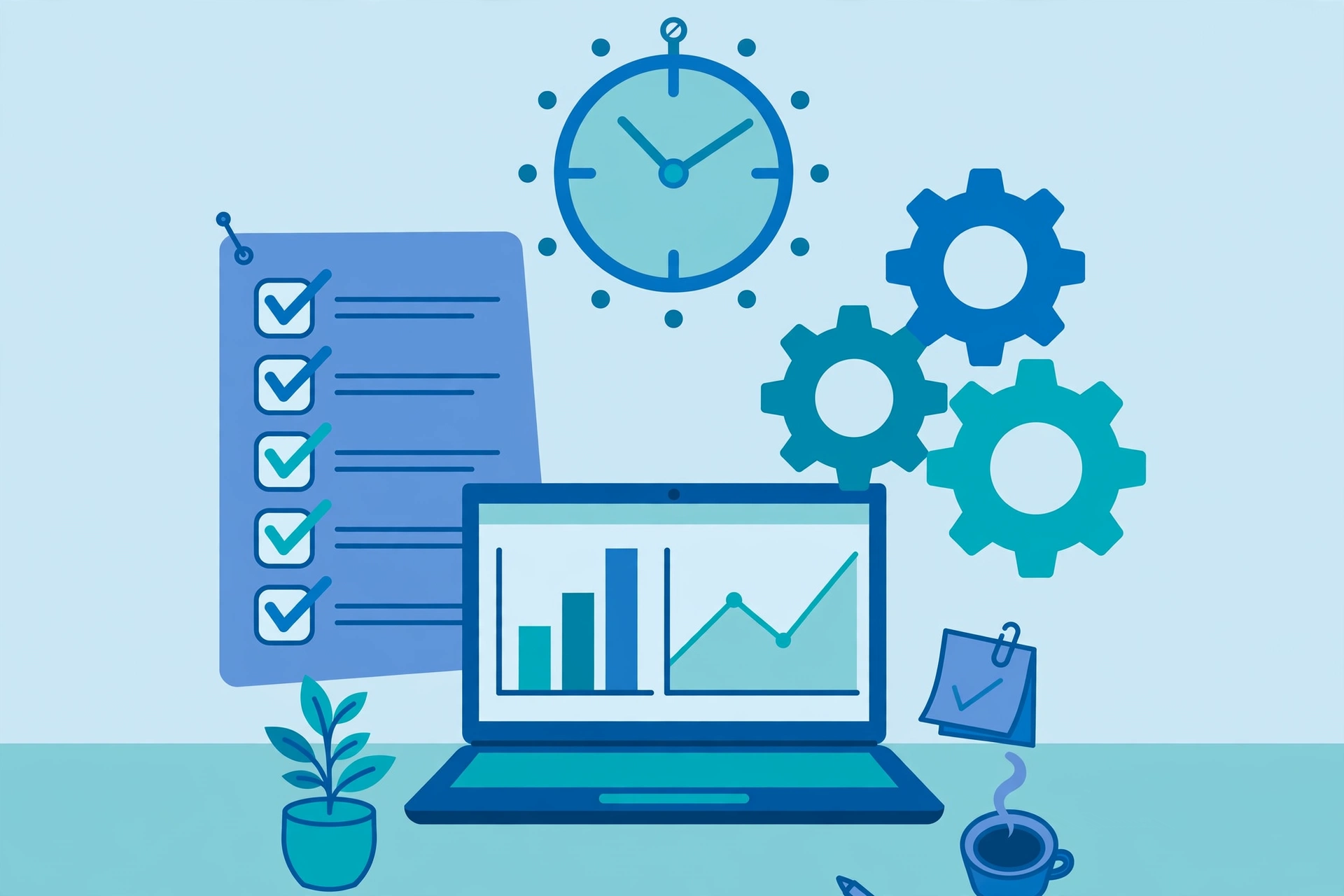 Flat illustration of productivity technology: laptop with charts, checklist, clock and gears in blue and teal