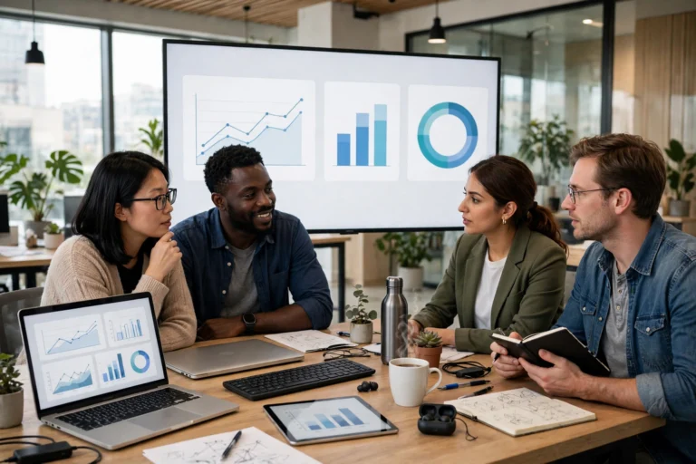 Team rolling out new technology together in a modern office