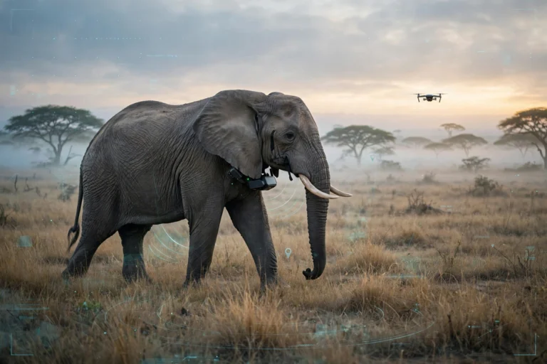 An elephant wearing a GPS tracking collar on the savanna at dawn with a drone in the distance