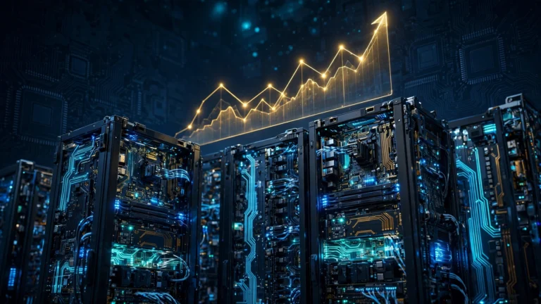 AI accelerator server racks with glowing circuits and a rising gold funding chart