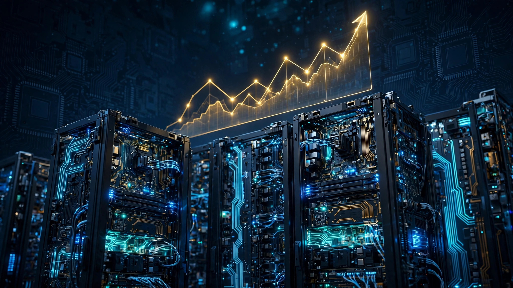 AI accelerator server racks with glowing circuits and a rising gold funding chart