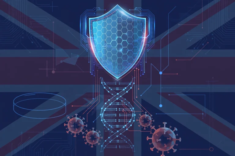 Abstract illustration of a digital shield over DNA and virus shapes representing AI biosecurity