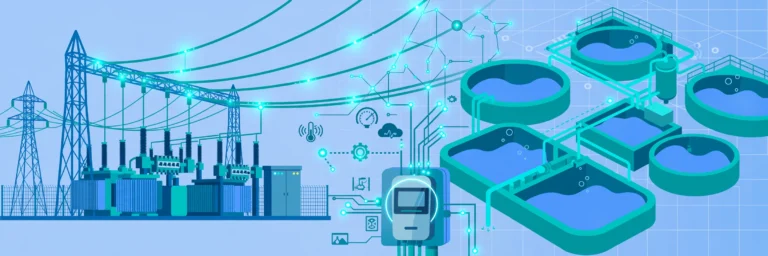 Illustration of utility automation: smart substation, water plant, smart meter and digital sensor overlays