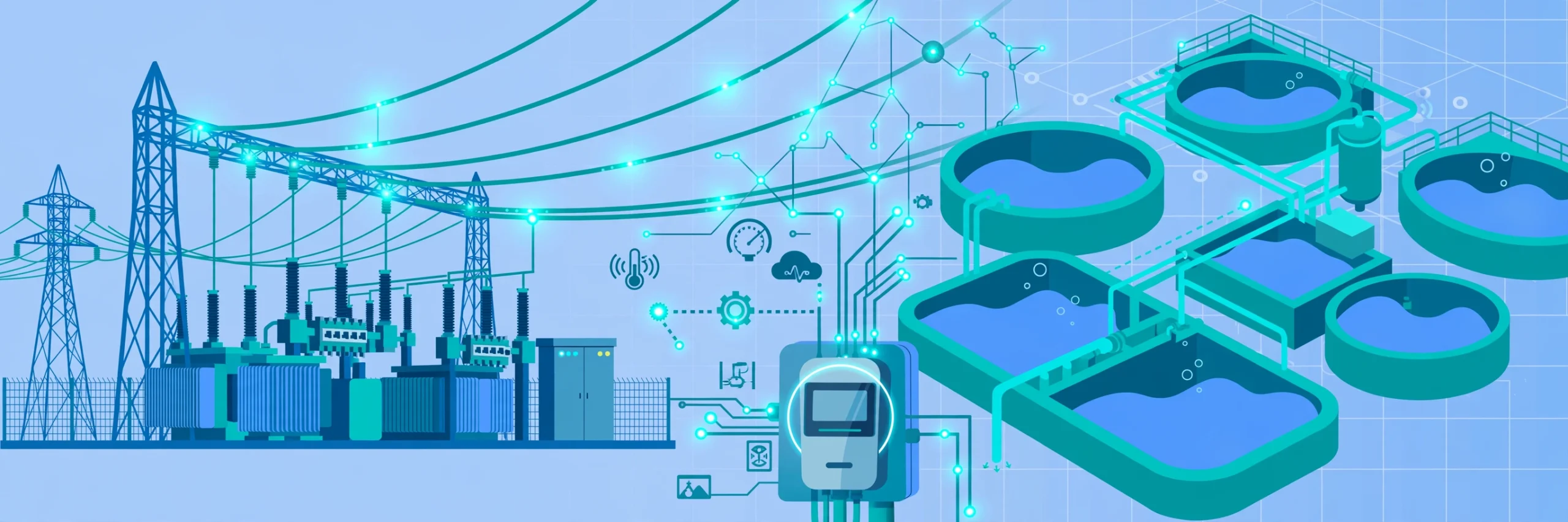 Illustration of utility automation: smart substation, water plant, smart meter and digital sensor overlays