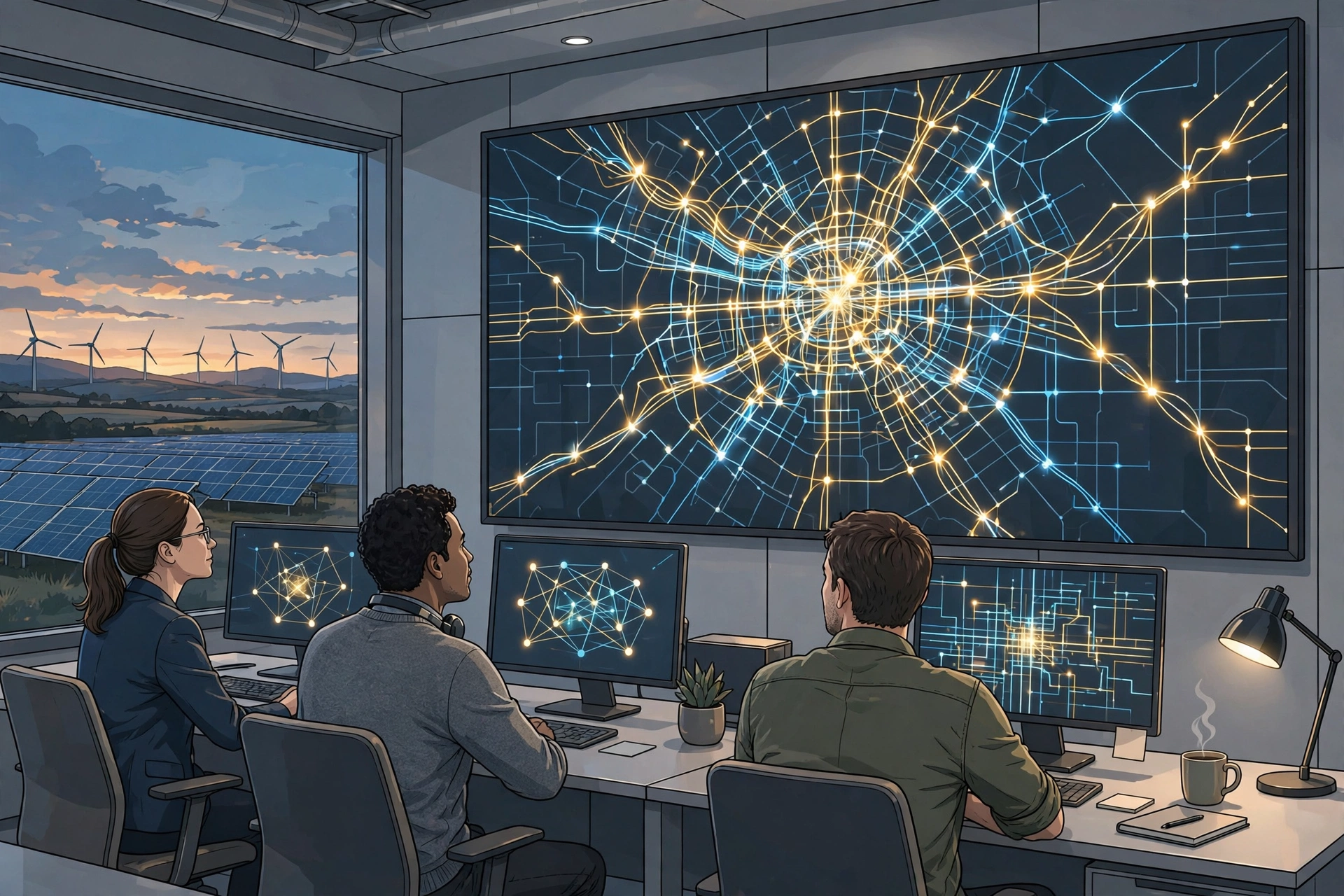 Utility control room monitoring a smart power grid with wind turbines and solar panels