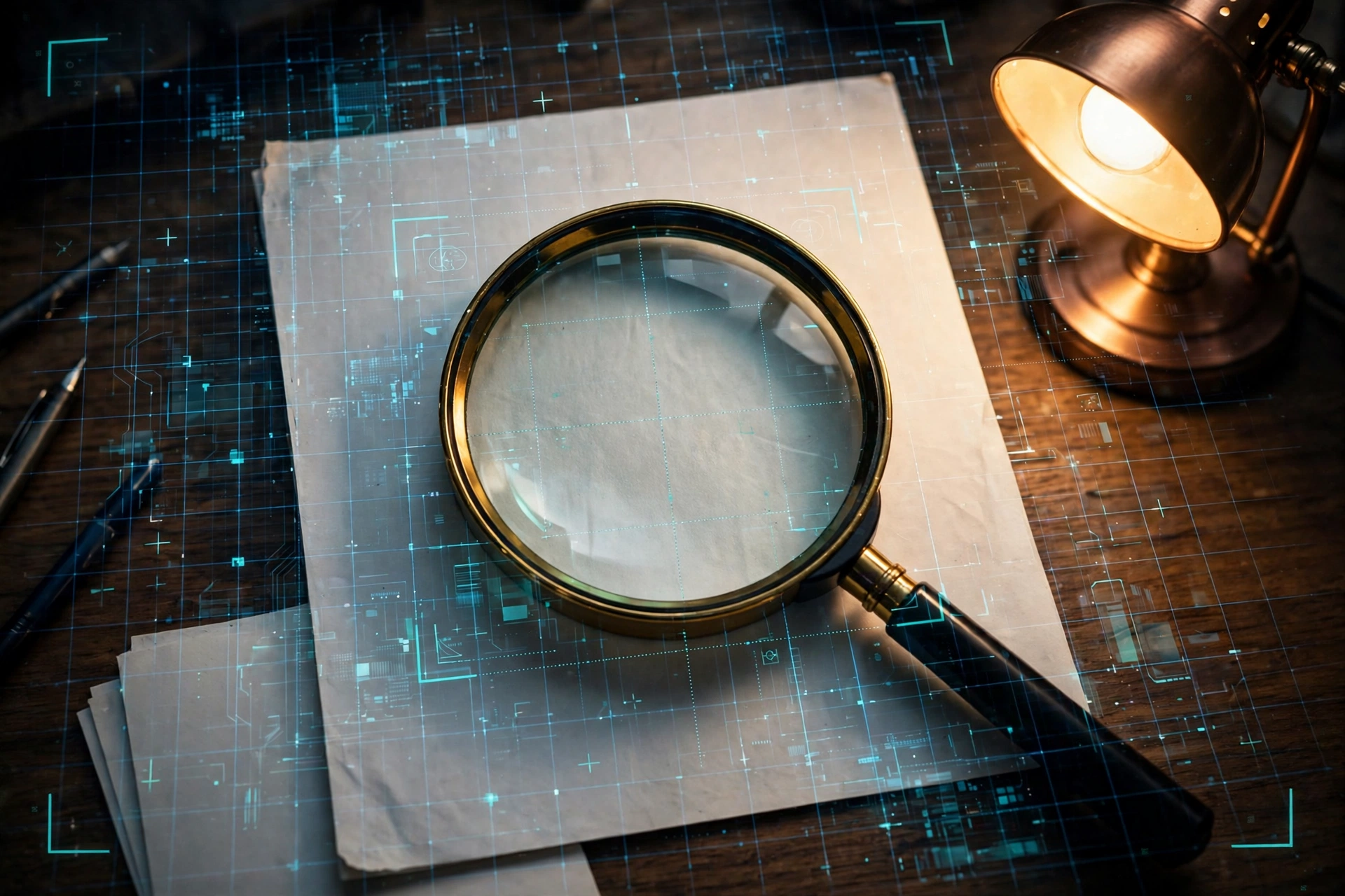 College essay under a magnifying glass with a digital AI-detection scan overlay