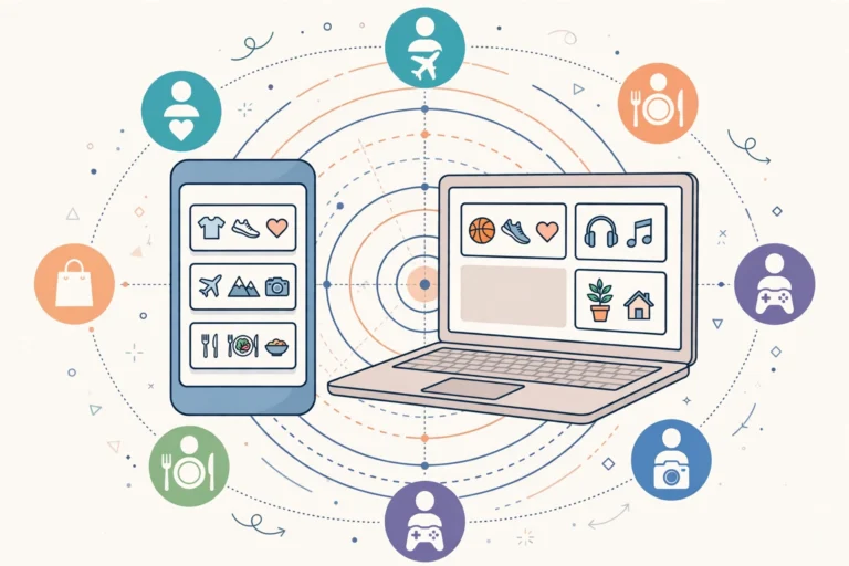 Illustration of smart targeting matching personalized ads to interested users on phone and laptop screens