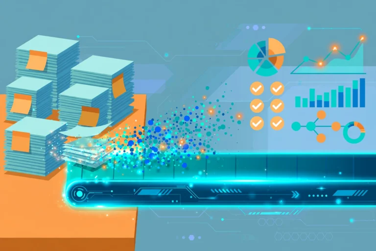 Illustration of paperwork being transformed into automated digital workflows