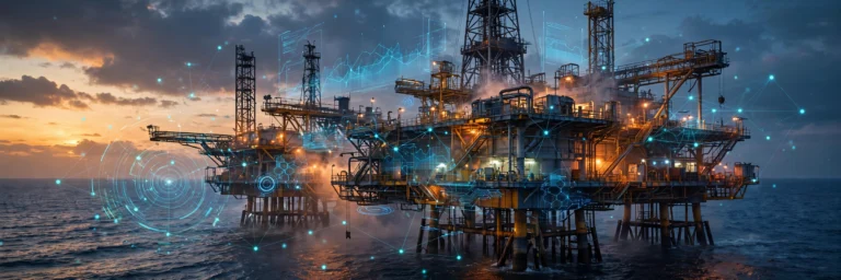 Offshore oil platform at dusk with glowing AI data overlays