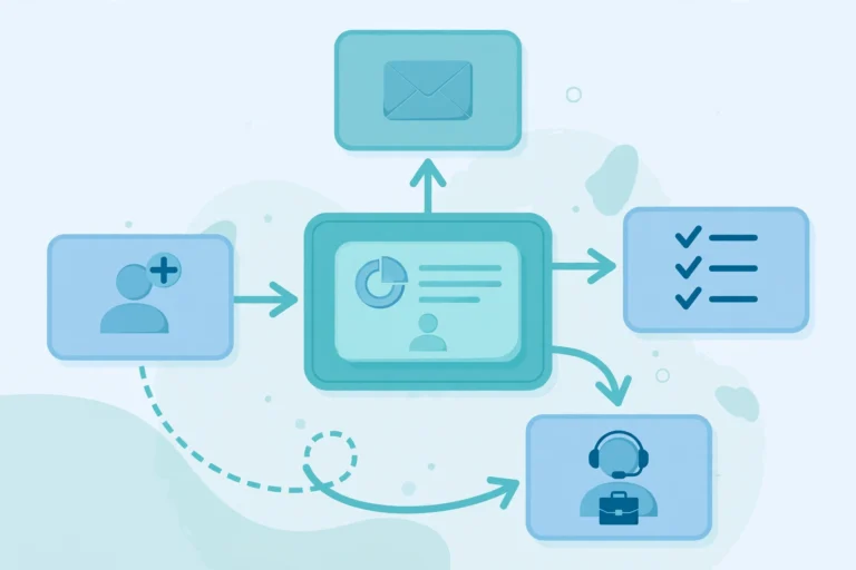 Illustration of CRM workflow automation moving a new lead to an assigned sales rep
