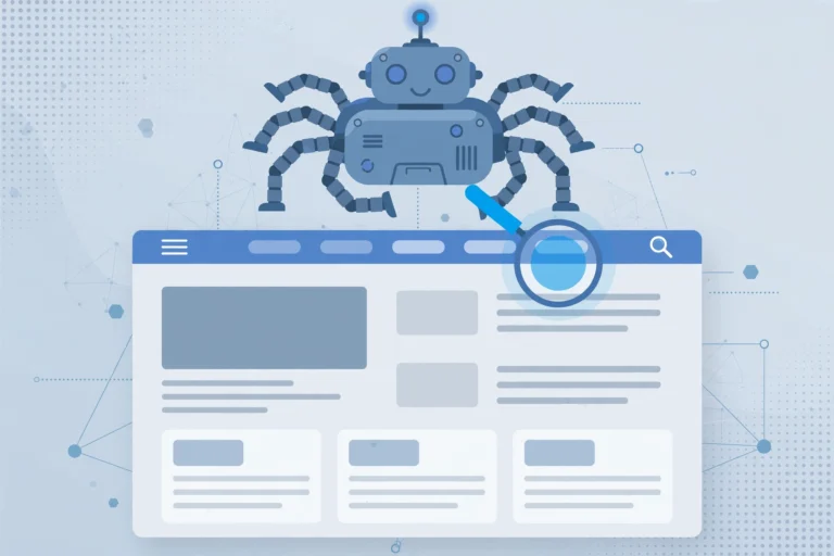 Illustration of a web crawler scanning a news website homepage
