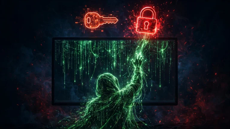 OpenCode API key breach: a hacker figure of green code reaching for a red warning padlock and API key above a terminal screen