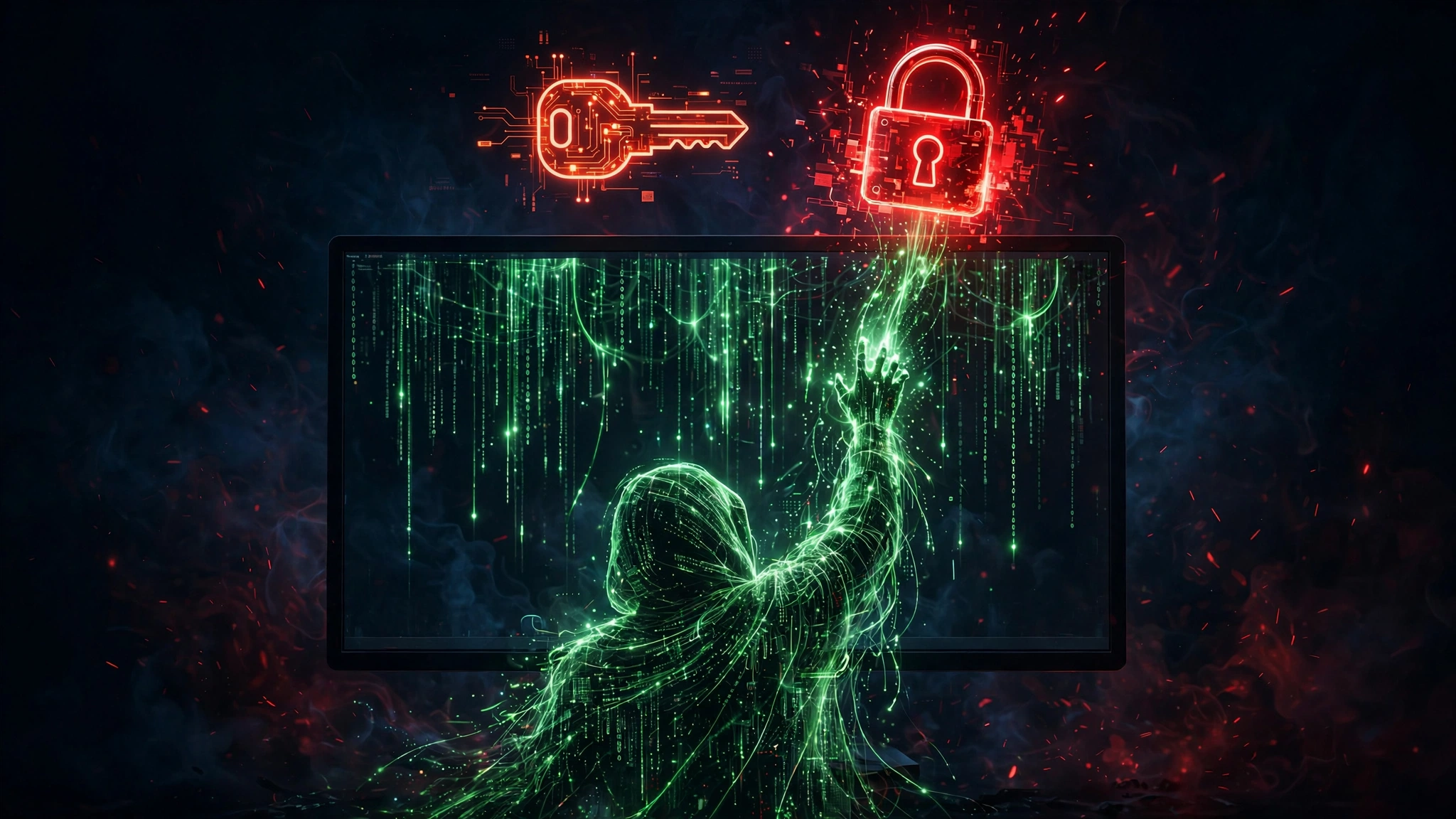 OpenCode API key breach: a hacker figure of green code reaching for a red warning padlock and API key above a terminal screen