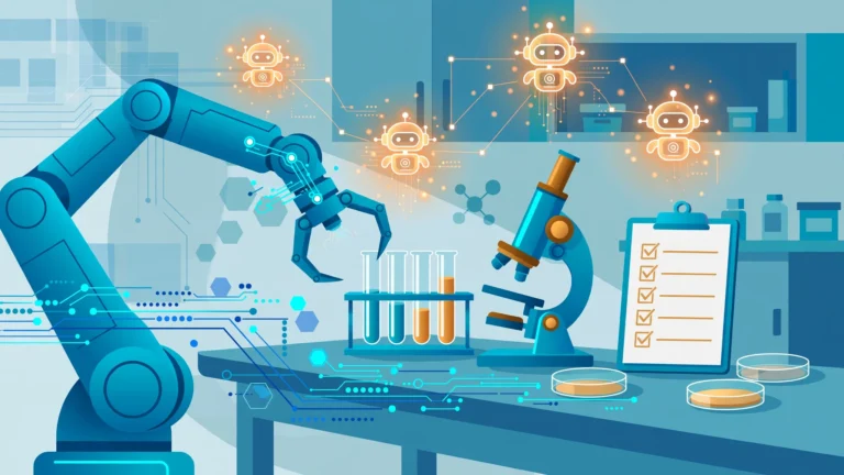 Robotic process automation in a pharmaceutical laboratory: a robotic arm and software bots working over a lab bench