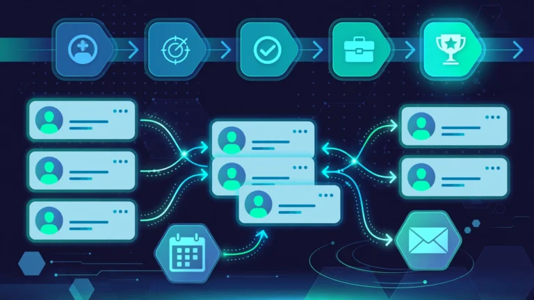 Illustration of a sales automation workflow with CRM pipeline stages, contact cards, and automated follow-up icons